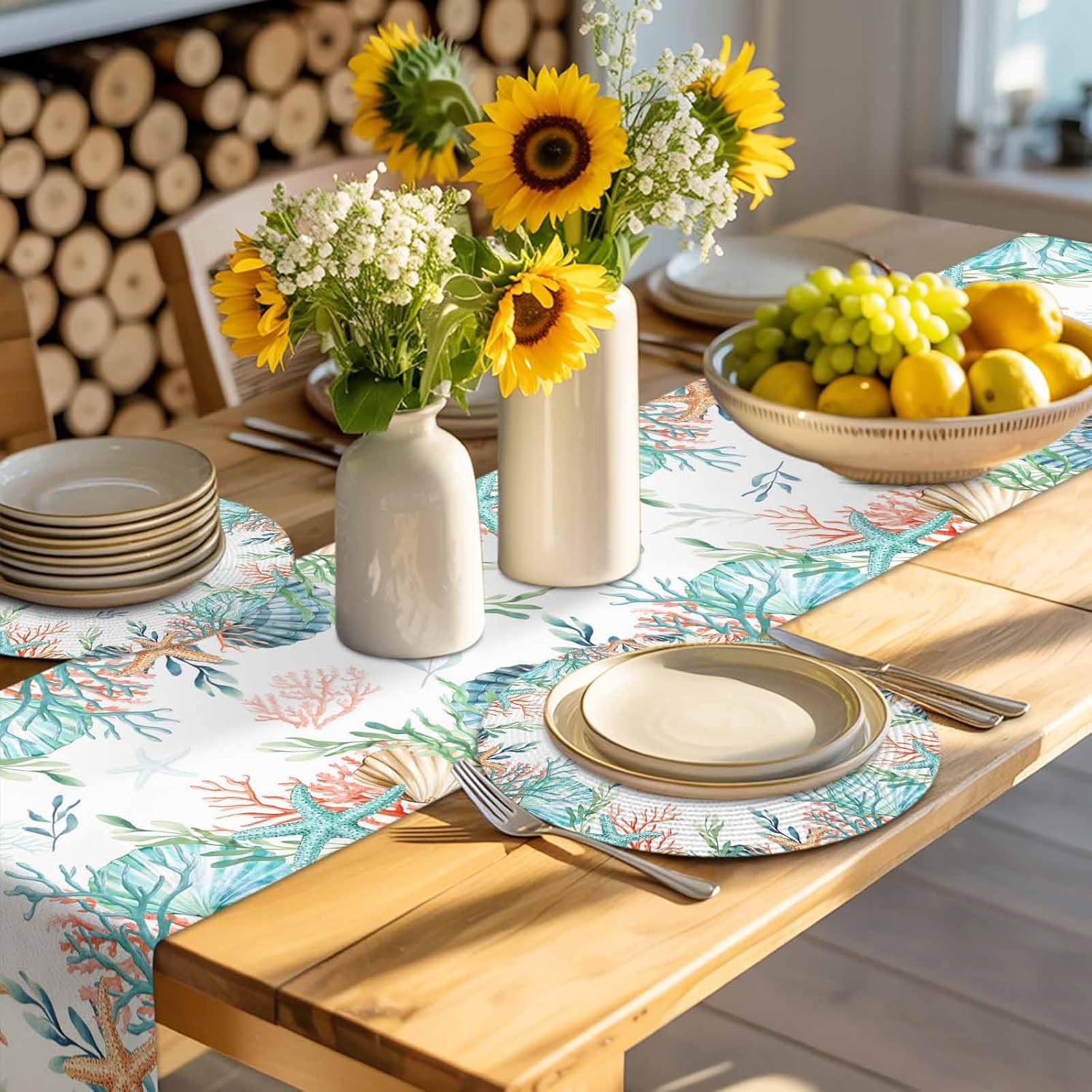 Beach Coastal Round Placemats Set of 6 for Dinning Tables,Heat-proof Braided Table Mats 13 Inch,Summer Coral Starfish Nautical Ocean Washable Place Mat for Kitchen Restaurant Party Decor Table Setting