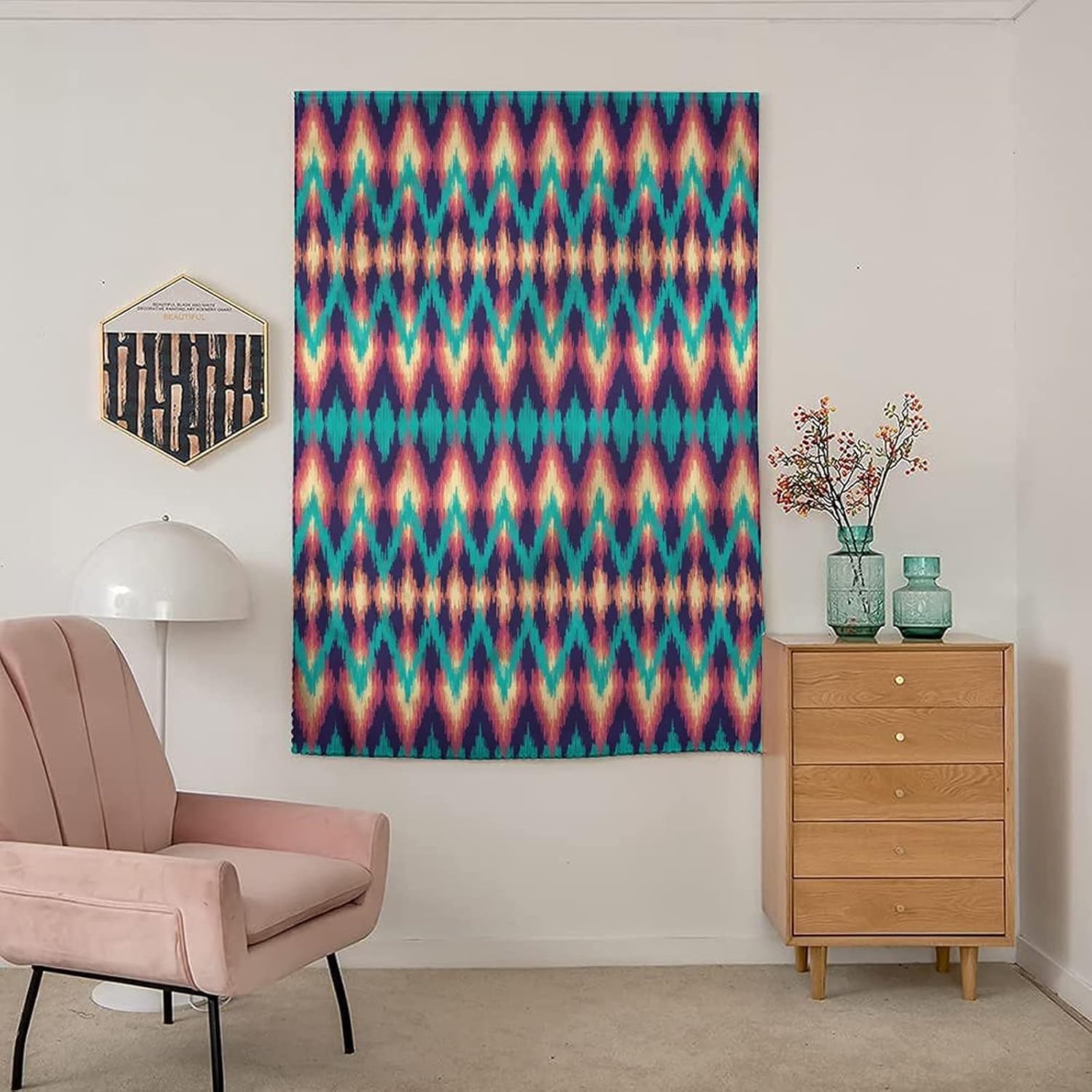 Self Adhesive Portable Blackout Curtains, Aztec Room Darkening Curtains, Zig Zag Graphic Artistic Print Temporary Blackout Blinds,59W x72L Inch, for Nursery,Children Kids Bedroom or Travel Use