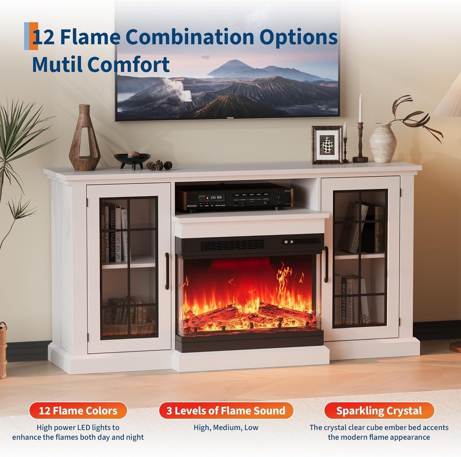 74.8 inch Fireplace TV Stand for 80" TVs, with 41" 3D Electric Fireplace, 5000 BTU 1500W Heater for 400 Sq.Ft, 12 Flame Colors & 5 Brightness, ETL Certified, Glass Door Storage Cabinet (E)
