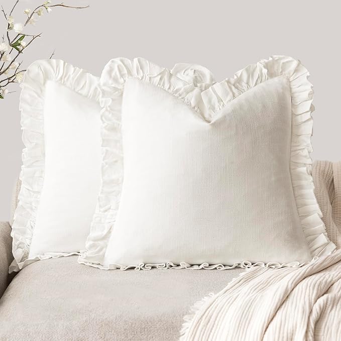 Foindtower Set of 2 Decorative Soild Fringe Ruffle Throw Pillow Covers Soft Boho Farmhouse Cushion Cover Cozy Accent Retro Pillowcase for Couch Sofa Bed Living Room Home Decor,22×22 Inch,White