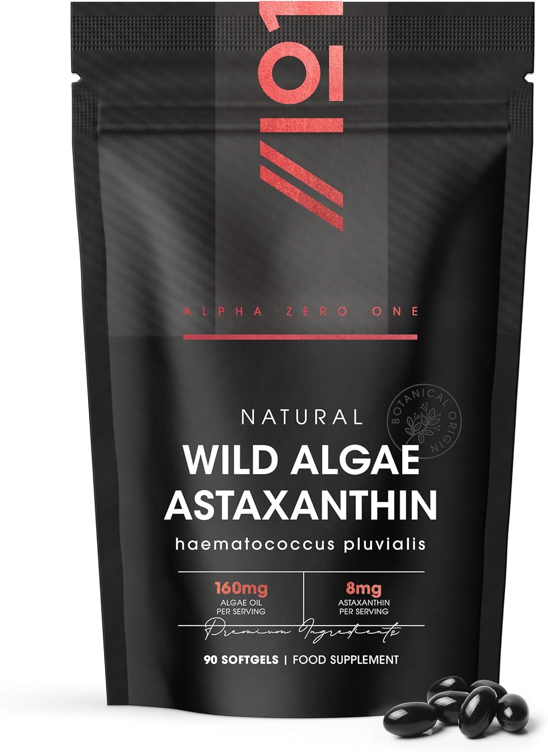 Wild-Algae Astaxanthin 160mg – High Strength Providing 8mg Astaxanthin Antioxidant – 90 Softgels – Resealable and Recyclable Pouch by Alpha01