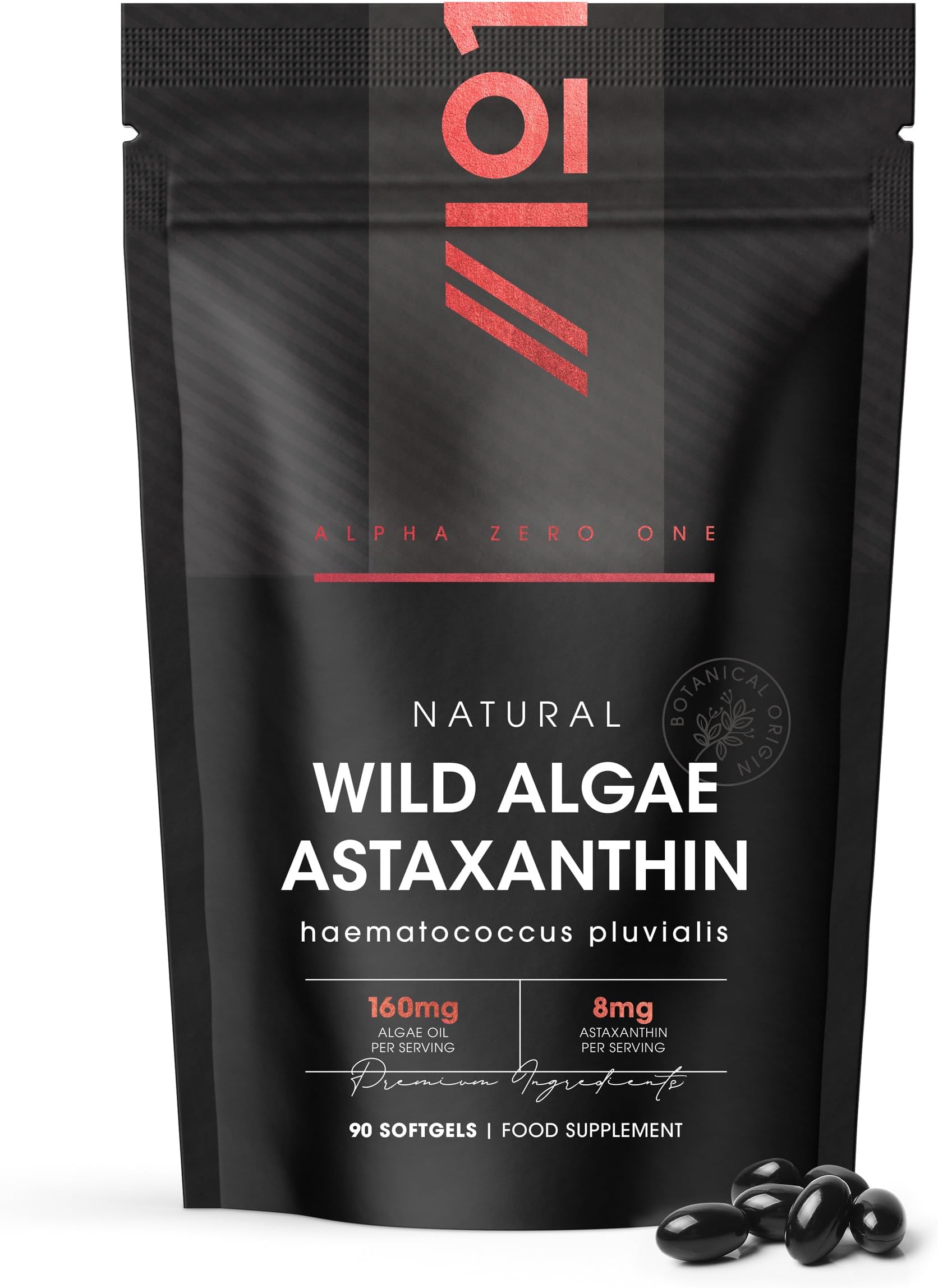 Wild-Algae Astaxanthin 160mg - Providing 8mg Astaxanthin Antioxidant - 90 Softgels - Resealable and Recyclable Pouch by Alpha01