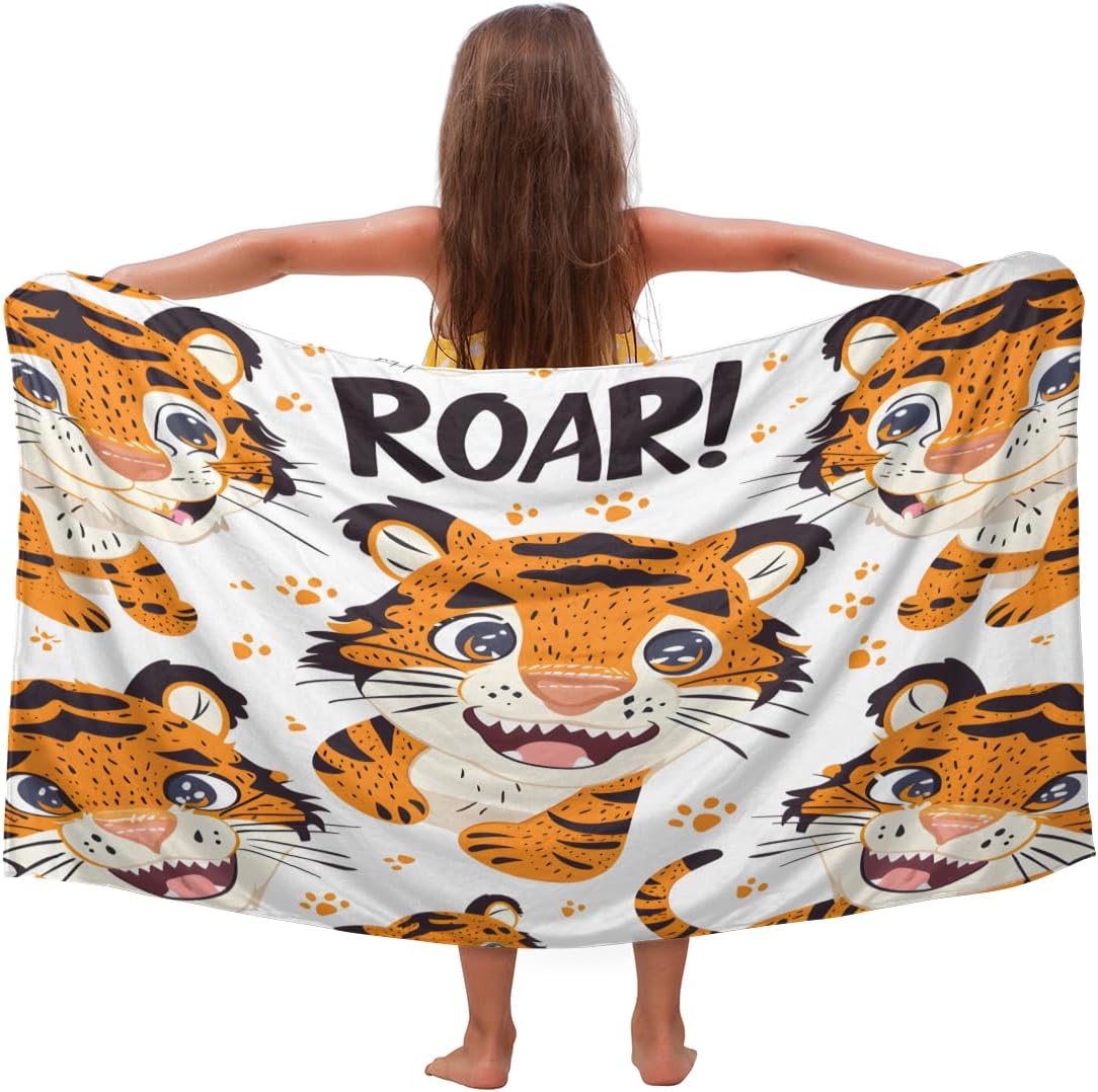 Cartoon Tiger Kids Quick Dry Beach Towel Sand Free Microfiber Swim Towel Oversized 30 x 60 Inch Absorbent Bath Towels for Beach Pool Camping
