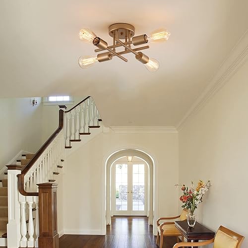 Miniatura 2 de Lámpara de techo semiempotrada de 4 luces, lámparas doradas de mediados de siglo para pasillo, entrada, dormitorio, cocina, comedor, porche,