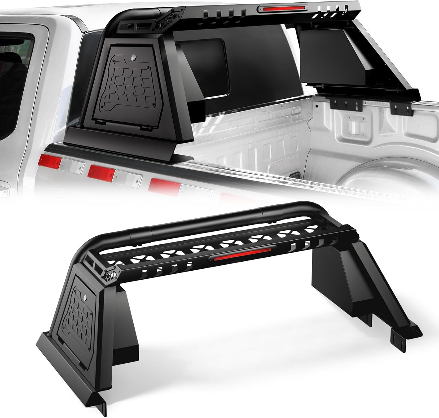 Truck Roll Bar with Lockable Toolbox, Cargo Basket & Brake Light, Adjustable Chase Rack, Light Texture Black Powder Coated, Compatible with Silverado, Sierra, F-150, Titan, Tundra