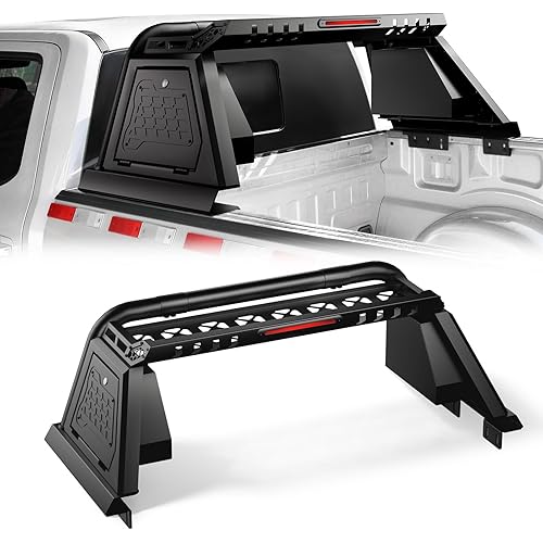 Truck Roll Bar with Lockable Toolbox, Cargo Basket & Brake Light, Adjustable Chase Rack, Light Texture Black Powder Coated, Compatible with Silverado, Sierra, F-150, Titan, Tundra