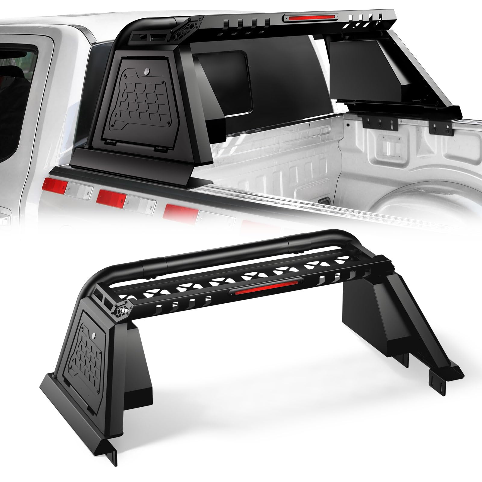 Truck Roll Bar with Lockable Toolbox, Cargo Basket & Brake Light, Adjustable Chase Rack, Light Texture Black Powder Coated, Compatible with Silverado, Sierra, Ford F-150, Titan, Tundra,Ram 1500