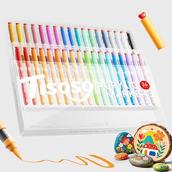 Tisoso Acrylic Paint Markers Brush Tip 36 Colors, Water-Based No-Bleed Markers with Automatic Ink Control, High Opacity Waterproof Paint Pens for DIY Art & Crafts -Fabric, Rock, Wood, Glass, Ceramic