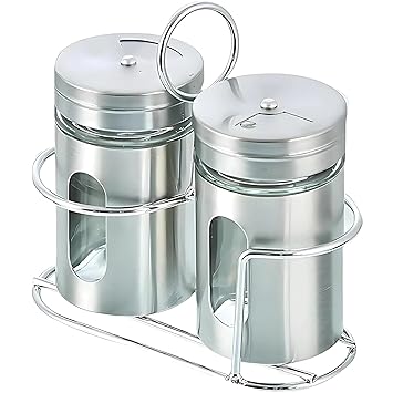 Patel's Kitchen Stainless Steel Salt and Pepper Shaker Set, 100 ml Glass Jars with Adjustable Holes, Chrome Stand