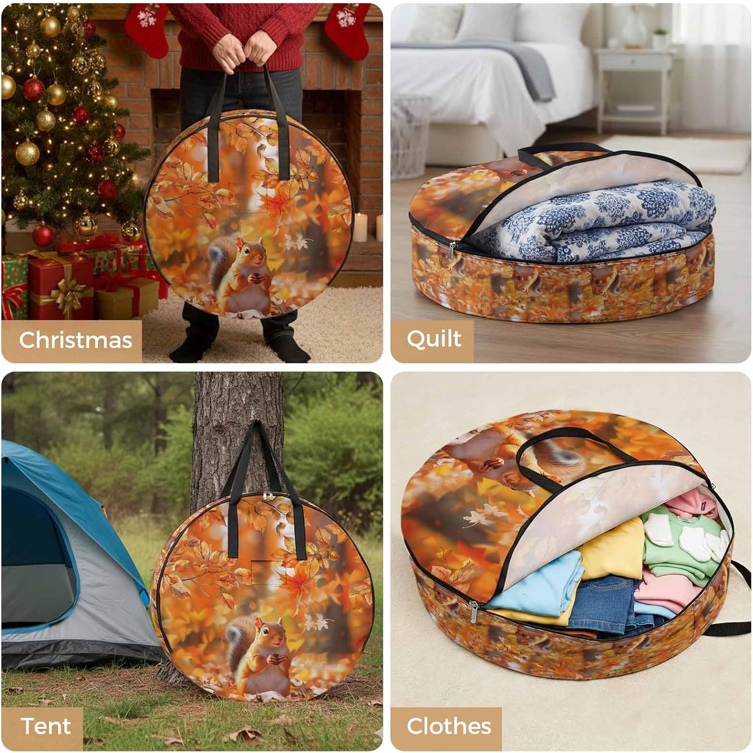 Orange Leaves and Squirrel Round Storage Bag 24 Inch, Fall Maple Leaf Thanksgiving Clothes Storage Container with Handles Heavy Duty Organizer for Comforter, Bedding & Holiday Wreaths