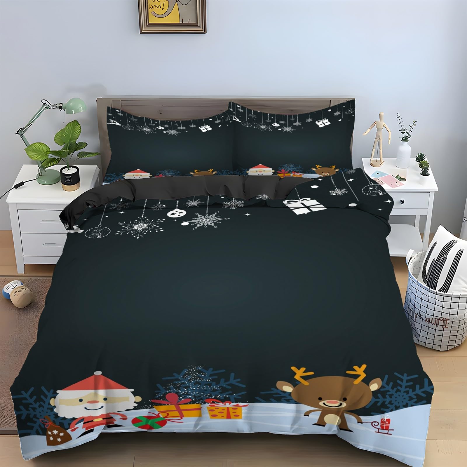 Parure de lit 90x190 Noel comprenant housse de couette microfibre et ensemble de literie 3 pieces