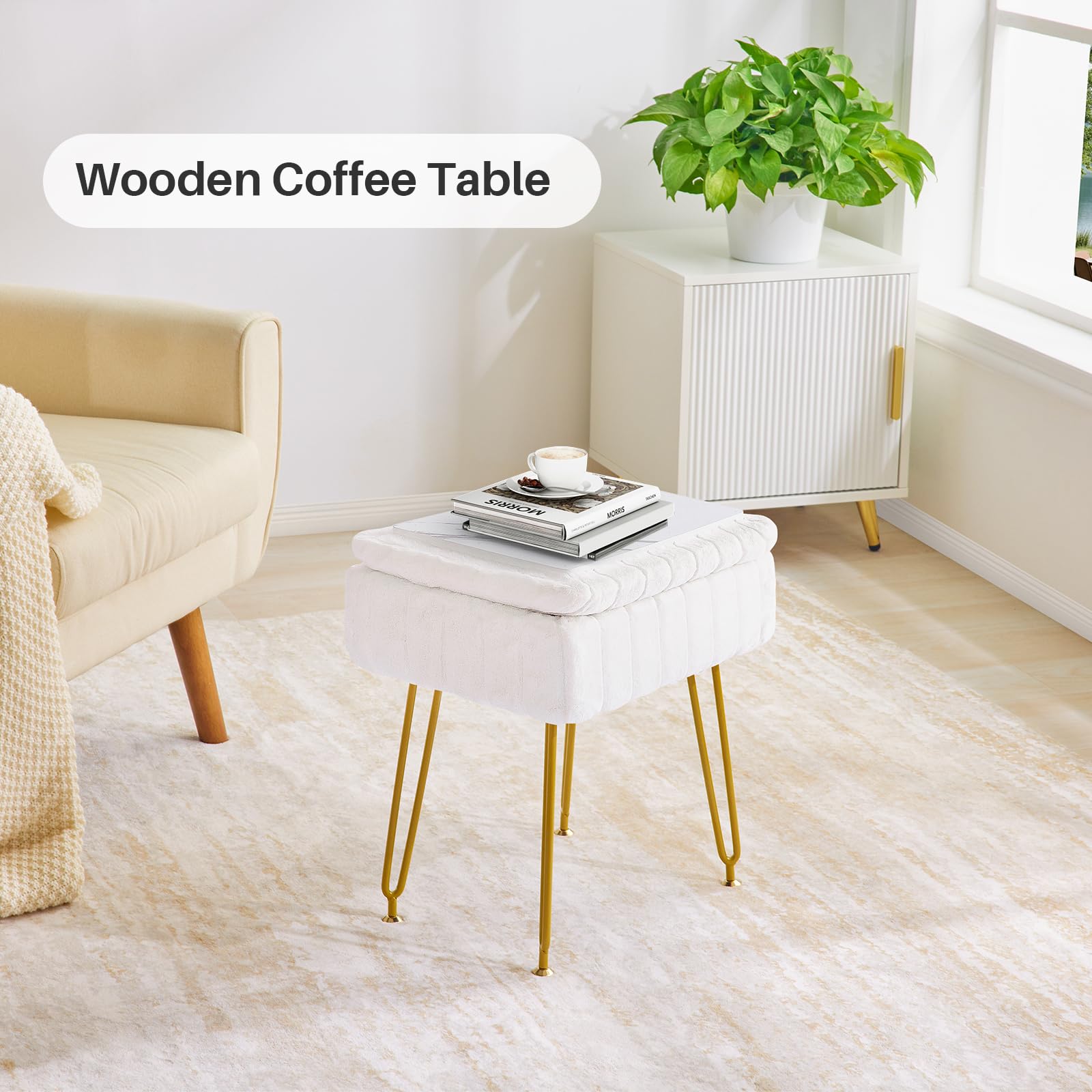 Redlife Chaise de Coiffeuse, Tabouret avec Espace de Rangement, Repose-Pieds Ottoman, Pouf pour Salon, Coiffeuse en Fausse Fourrure avec Pieds en métal doré (Blanc)