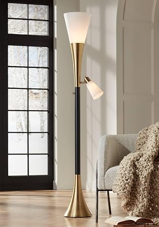 Possini Euro Design Fortuna Mid Century Modern Art Deco 72 1/2" Tall Standing Floor Lamp Large Torchiere Task with Reading Light Dimmable Gold Black Metal Living Room Bedroom House Reading Office