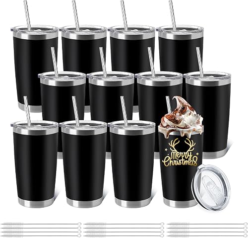 YOUKE OLA 12 Pieces Insulated Coffee Tumbler Blank Stainless Steel Double Wall Vacuum Travel Tumbler Cup with Lid and Straw for DIY Gift, Black 20oz