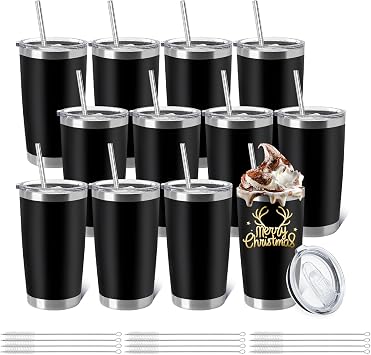 YOUKE OLA 12 Pieces Insulated Coffee Tumbler Blank Stainless Steel Double Wall Vacuum Travel Tumbler Cup with Lid and Straw for DIY Gift, Black 20oz