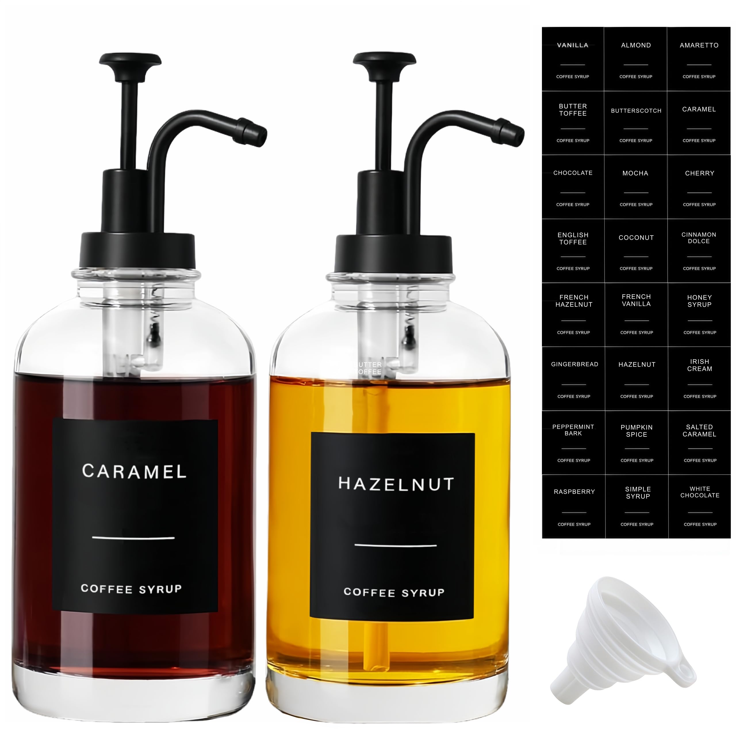 BIKALAN Lot de 2 distributeurs de sirop de café, distributeur de sirop de café, pompe à sirop, distributeur de sirop avec 36 autocollants, entonnoir, 500 ml