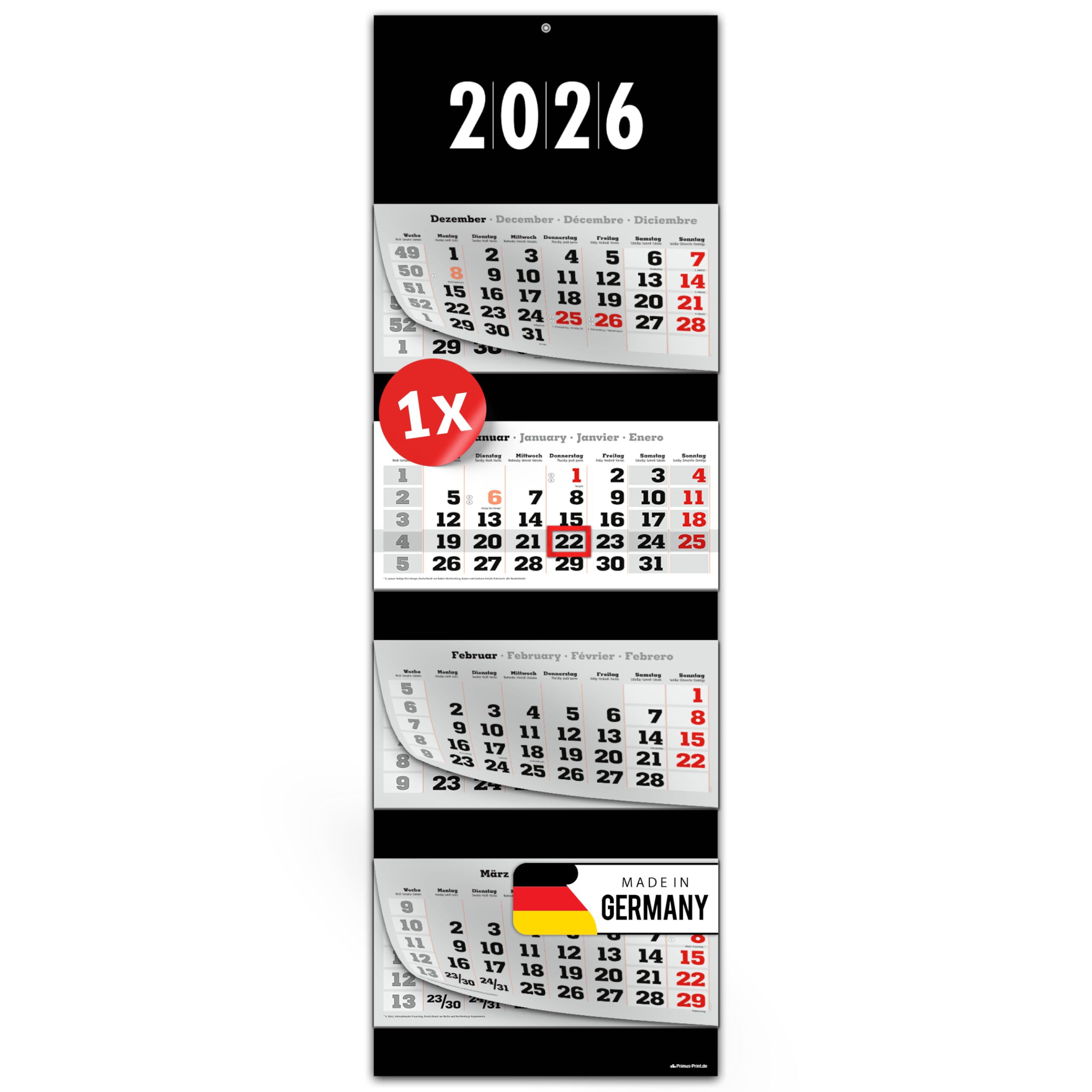 PRIMUS PRINT Calendario XXL 2026 – Calendario de pared – Calendario de pared de 4 meses – con fecha deslizante, calendario para colgar, incluye días festivos y vacaciones, varios diseños – [1 x negro]