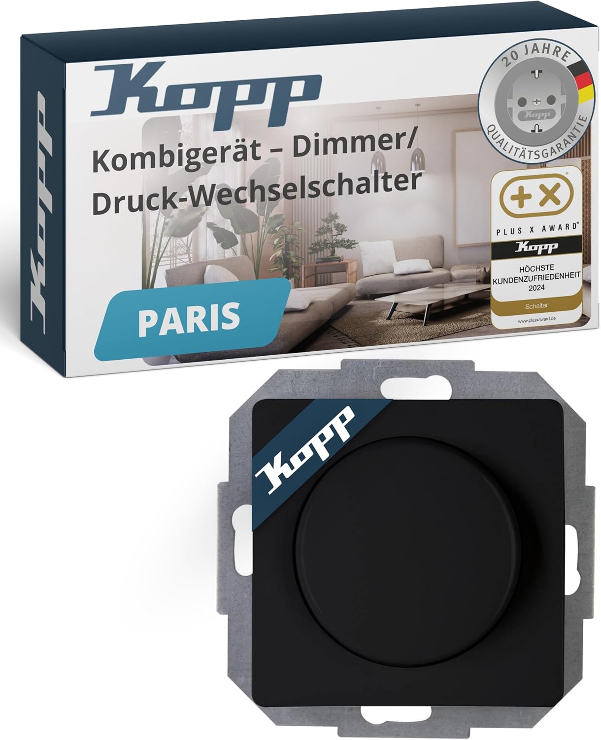 Kopp Paris Push Toggle Switch Dimmer with Rotary Knob - Matte Black - For 7-110 W Incandescent Bulbs and 3-35 W LED - Dimmable Light Switch for Transformers - Phase Control Dimmer with Soft Position
