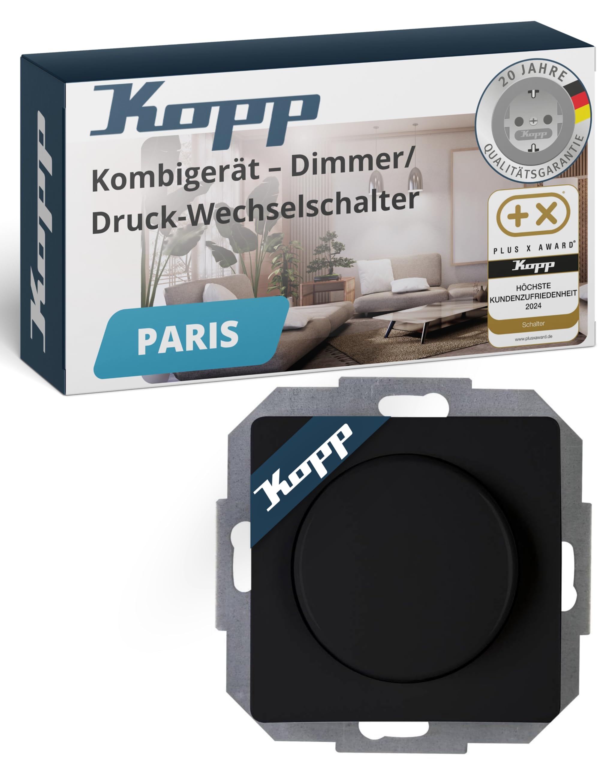 Kopp PARIS Druck-Wechselschalter-Dimmer mit Drehknopf - Matt-Schwarz - Für 7-110W Glühlampen & 3-35W LED - Dimmbarer Lichtschalter für Trafos - Phasenanschnittsdimmer mit Softrastung