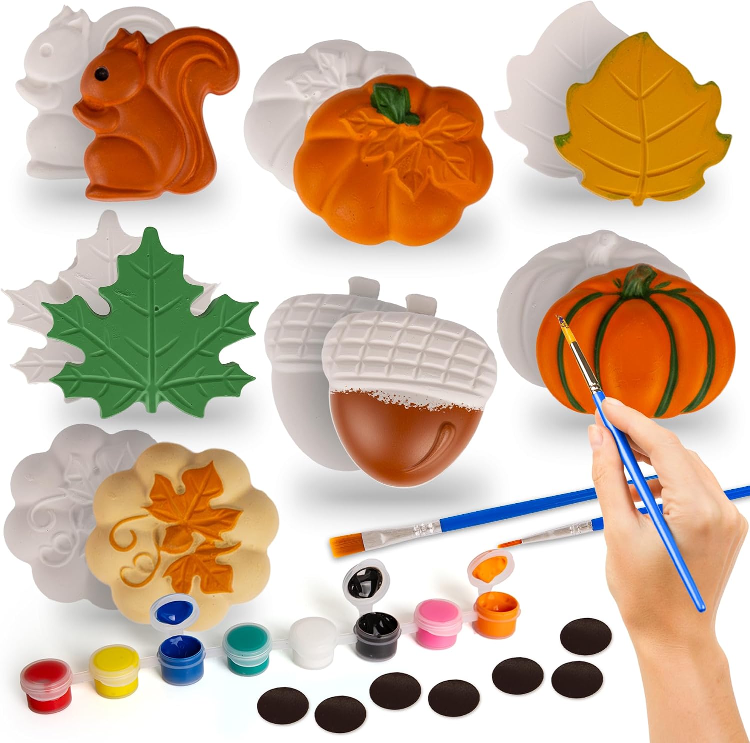 ArtCreativity Thanksgiving Ceramic Painting Craft - 7 Pack - Kids Fall Crafts Includes 7 Ceramic Figures, 8 Paint Set, 2 Brushes, 7 Adhesive Magnet - DIY Thanksgiving Paint Activity for Toddlers 3-8