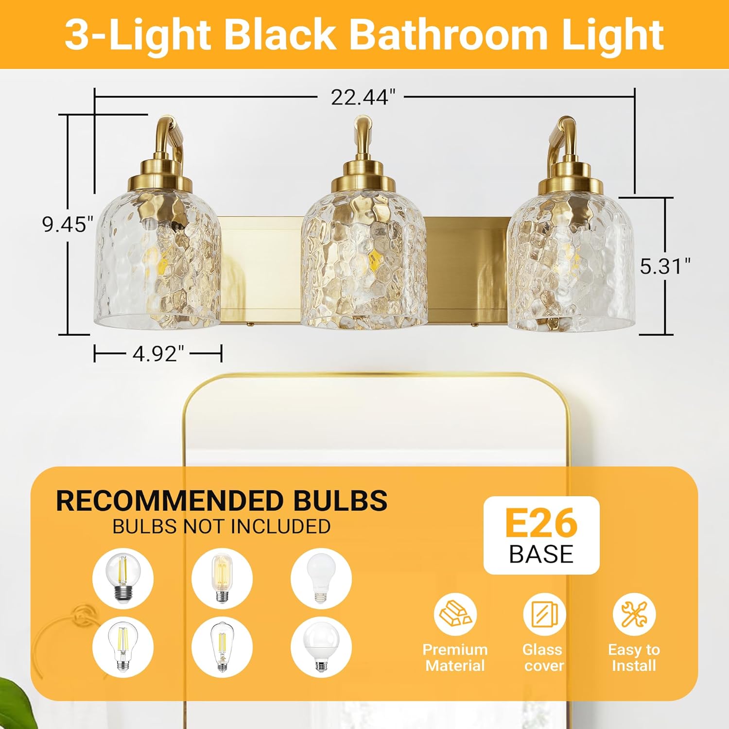 WJShome Modern Crystal Bathroom Vanity Light, 3-Light Gold Bathroom Light Fixtures, Vanity Lighting Fixtures Over Mirror with Clear Shades
