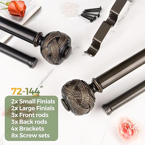 Miniatura 7 de USFOOK Varillas de cortina dobles de 1 pulgada de 72 a 144 pulgadas (6-12 pies), barras telescópicas de cortina de bronce con remates de patrón de