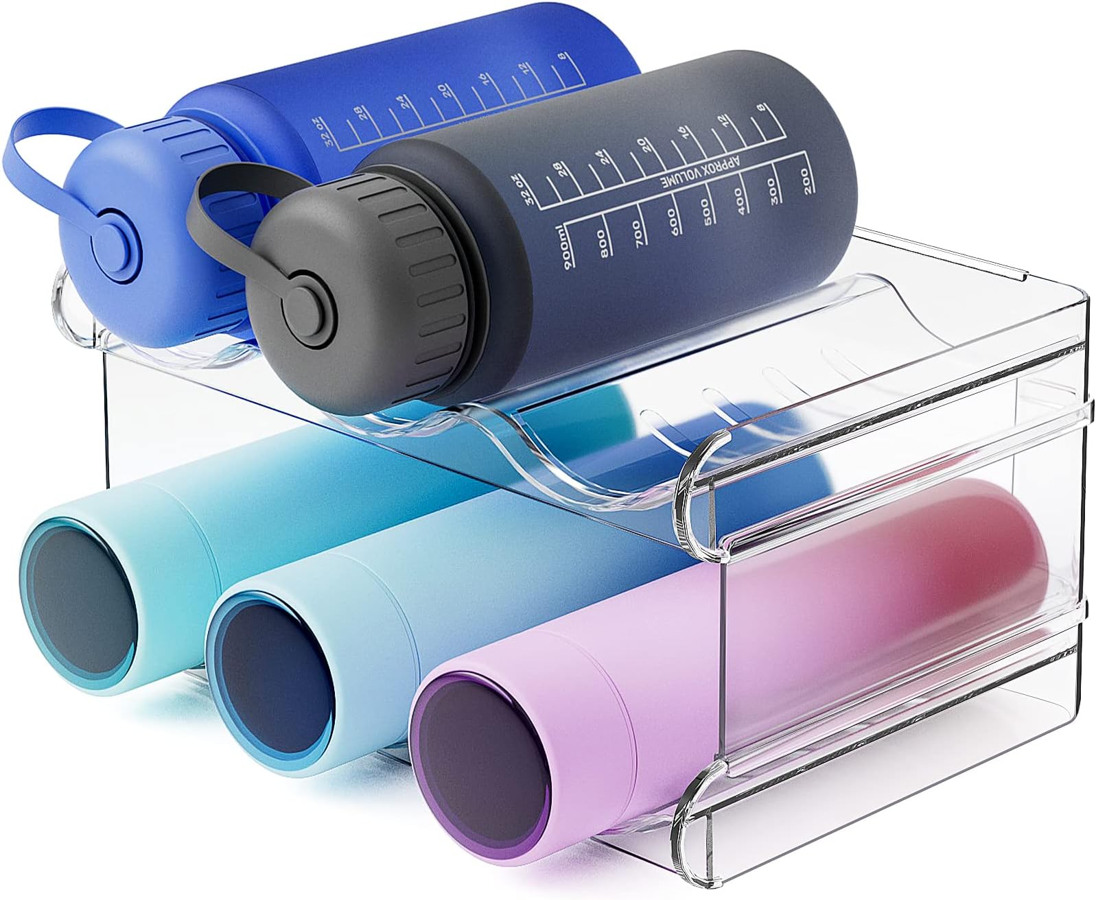 Water Bottle Organizer, Stackable Water Bottle Holder for Kitchen Pantry, Fridge, Cabinet, Stackable Cup Holder for Wine, Water, Drink-2 Pack, Each Rack Holds 3 Containers