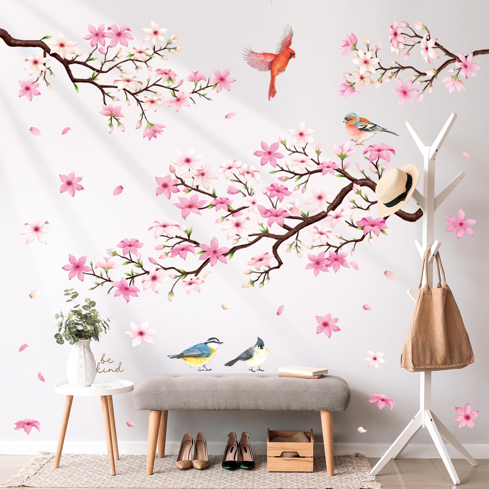 Decowall Flower Branches Sg2-2305 Pink Cherry Blossom Tree Wall Stickers Birds On Flower Branch Decals Removable For Nursery Bedroom Living Room Art Home Decor Mural Decoration