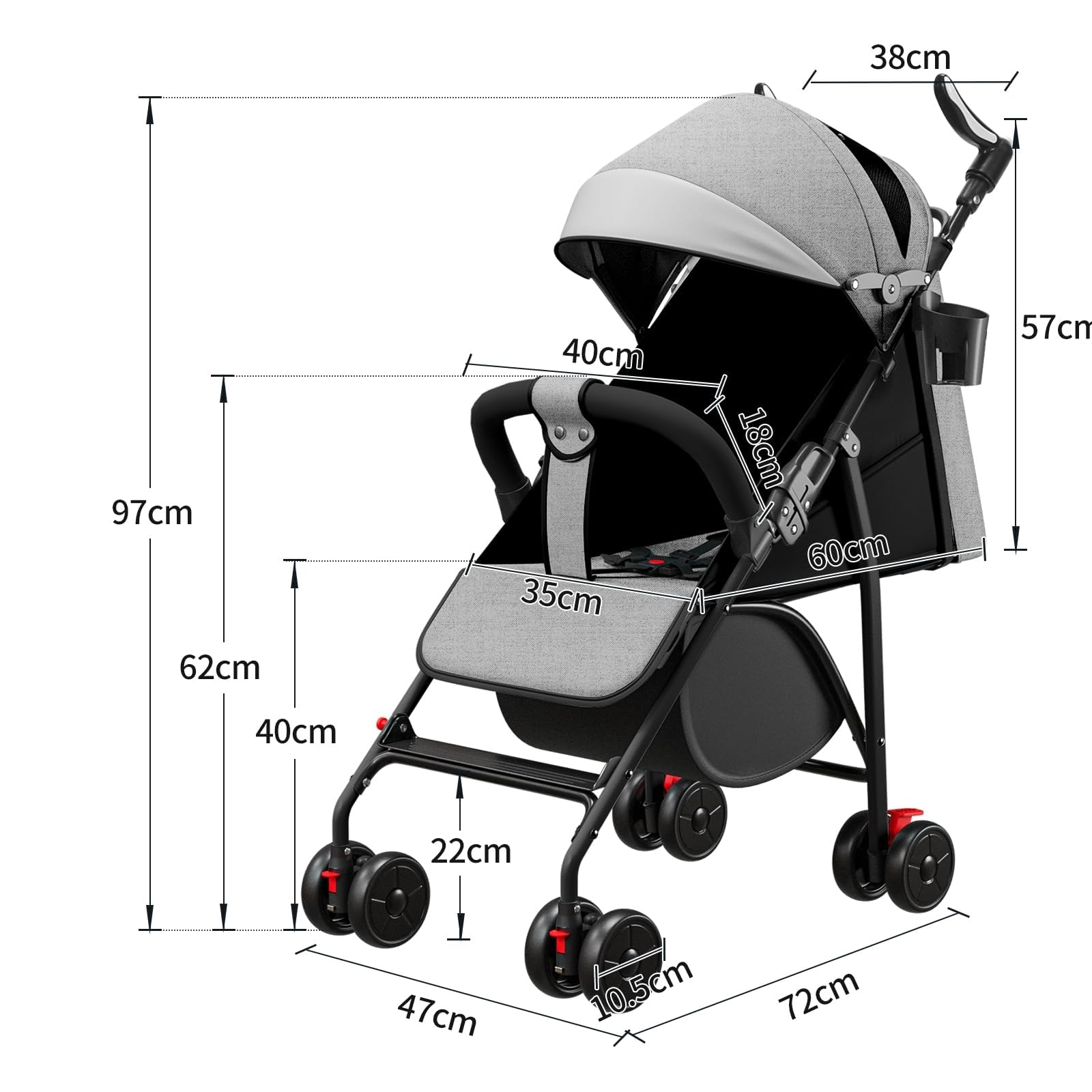 Kinderwagen, 0-4 Jahre, 0-22 kg, leichter und kompakter Kinderwagen, neigbarer Rückenlehne, 5-Punkte-Gurt, faltbarer Reise-Kinderwagen mit Vordach und Moskitonetz, rutschfeste Räder