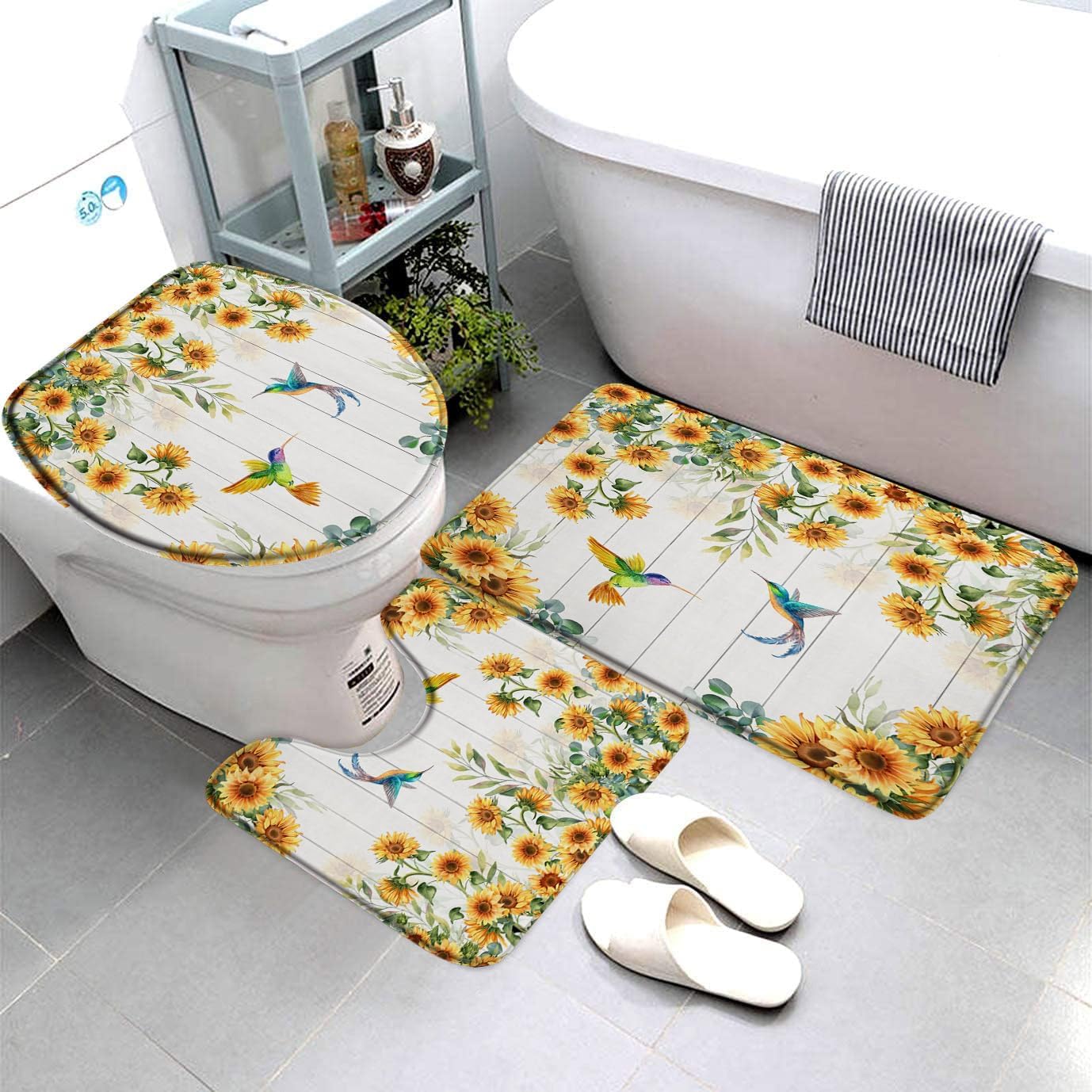 Amazon.com: 3 Pieces Set Rustic Sunflower Bath Mat Spring Yellow Flower ...