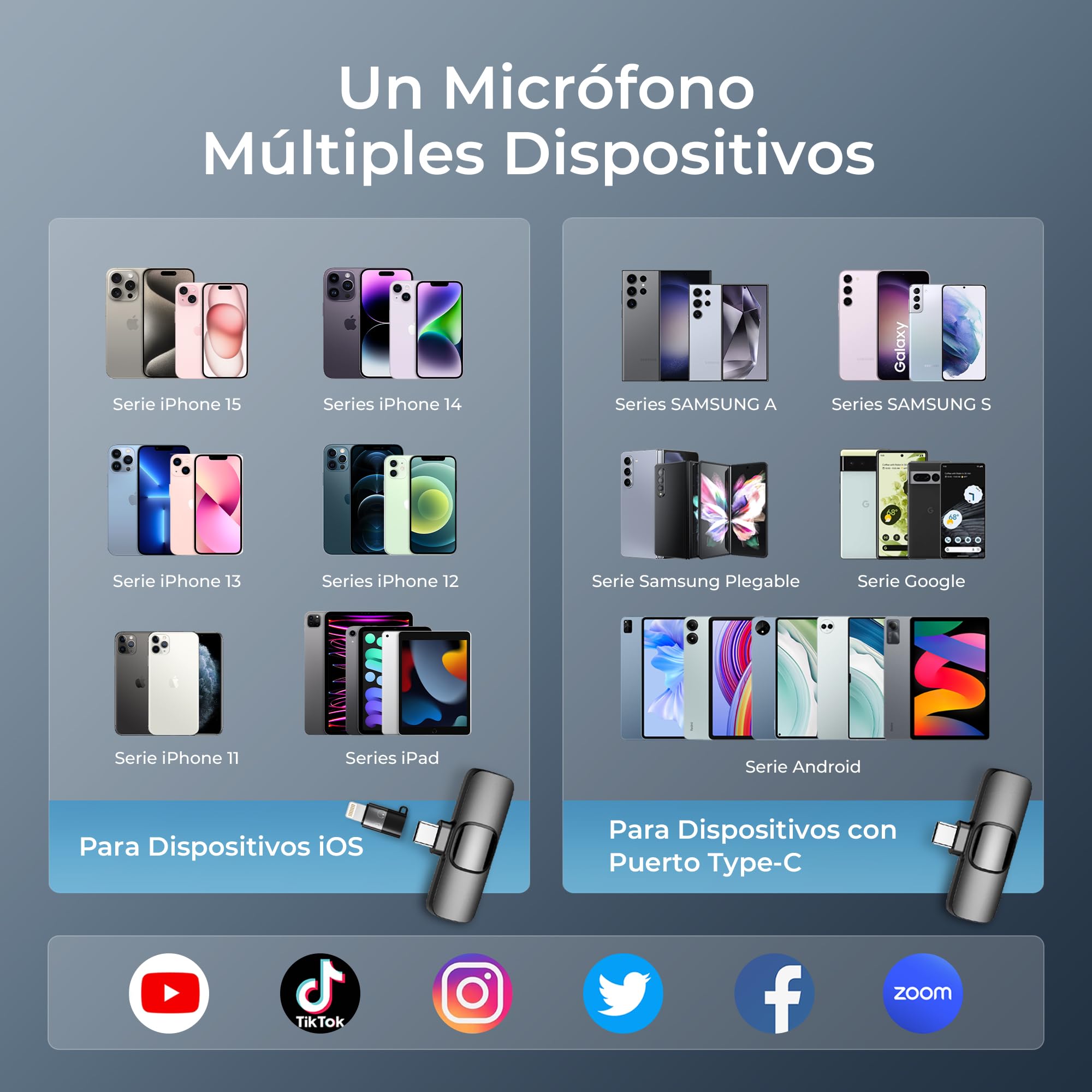 YRF micrófono inalámbrico de Solapa para iPhone Android iPad, Mini micrófono con USB C/Lightning, reducción de Ruido, 20M Distancia, para grabación de vídeo, Streaming, Vlogging, Youtube, Tiktok