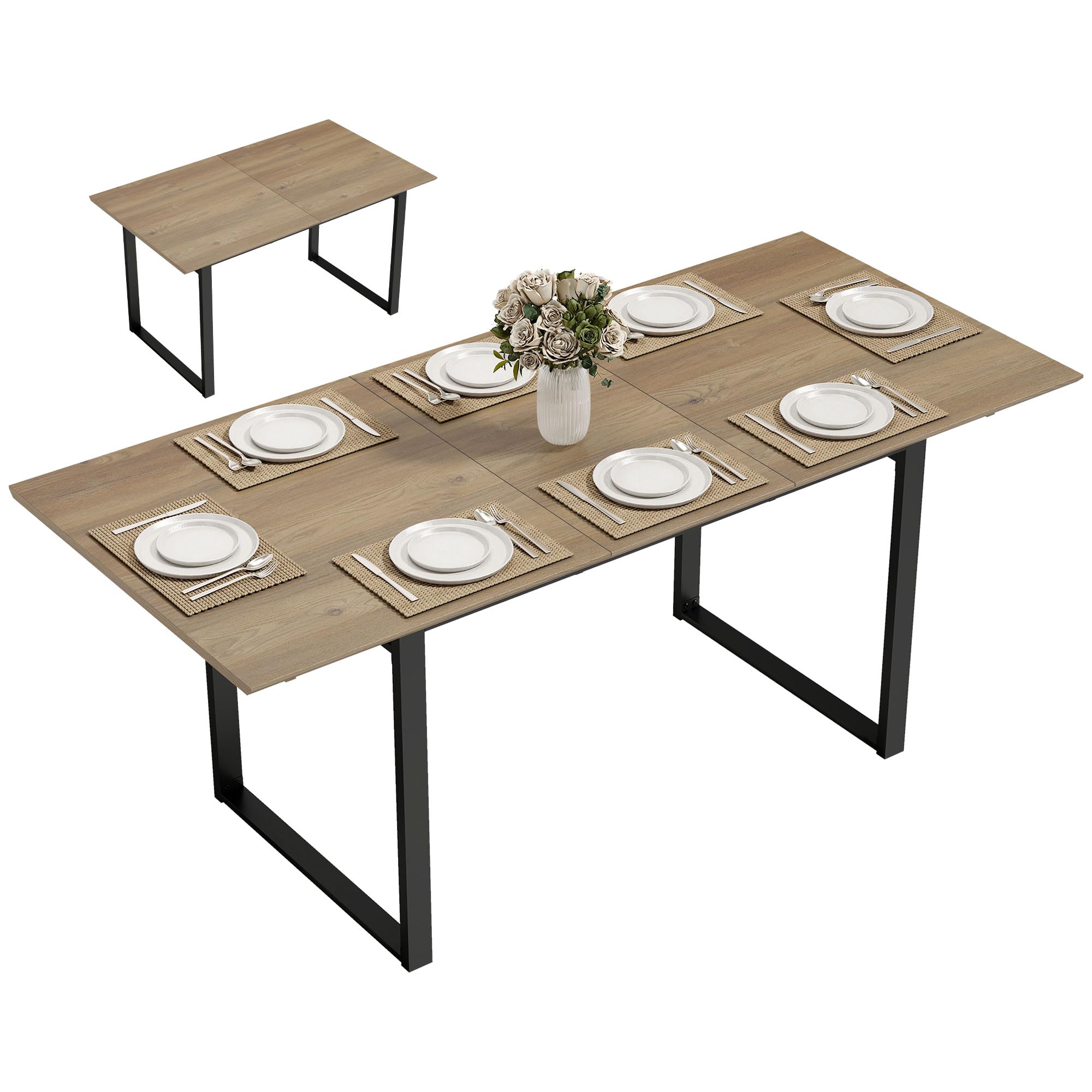 HOMCOM Tavolo da Pranzo Allungabile per 6-8 Persone con Pannelli Rimovibili, 140-180cm Tavolo Allungabile Rettangolare con Base in Acciaio, Stile Industriale, per Sala da Pranzo Soggiorno, Color Legno
