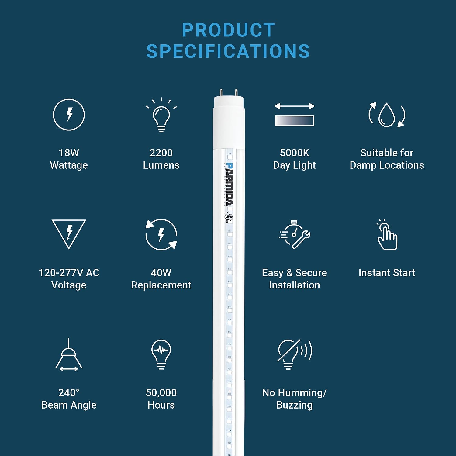 Parmida LED Technologies Light Bulb, LED 5000K (Day Light) T8 Hybrid Type A+B Light Tube, 4FT, 18.00W, Clear Cover, Single-End OR Dual-End Powered, 2200lm, Works with/Without Ballast, UL, 20 Pack