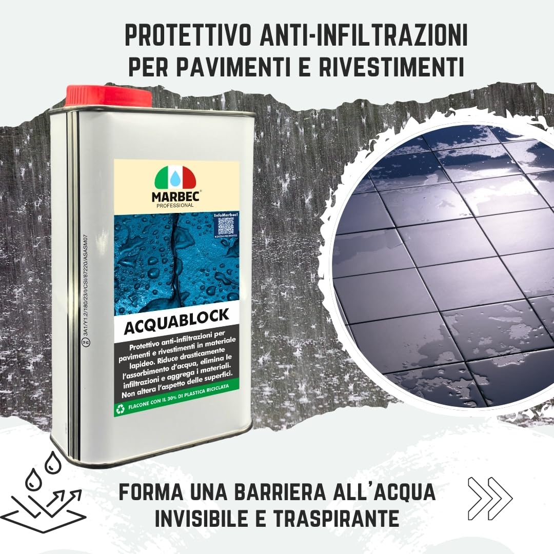 MARBEC ACQUABLOCK 1LT Protettivo consolidante anti infiltrazioni invisibile per pavimenti, rivestimenti, terrazze e docce interne ed esterne