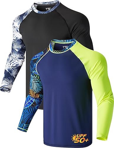 Paquete de 2 camisetas de natación de manga larga con protección solar UPF 50+ para hombre, ajuste holgado, ropa de secado rápido