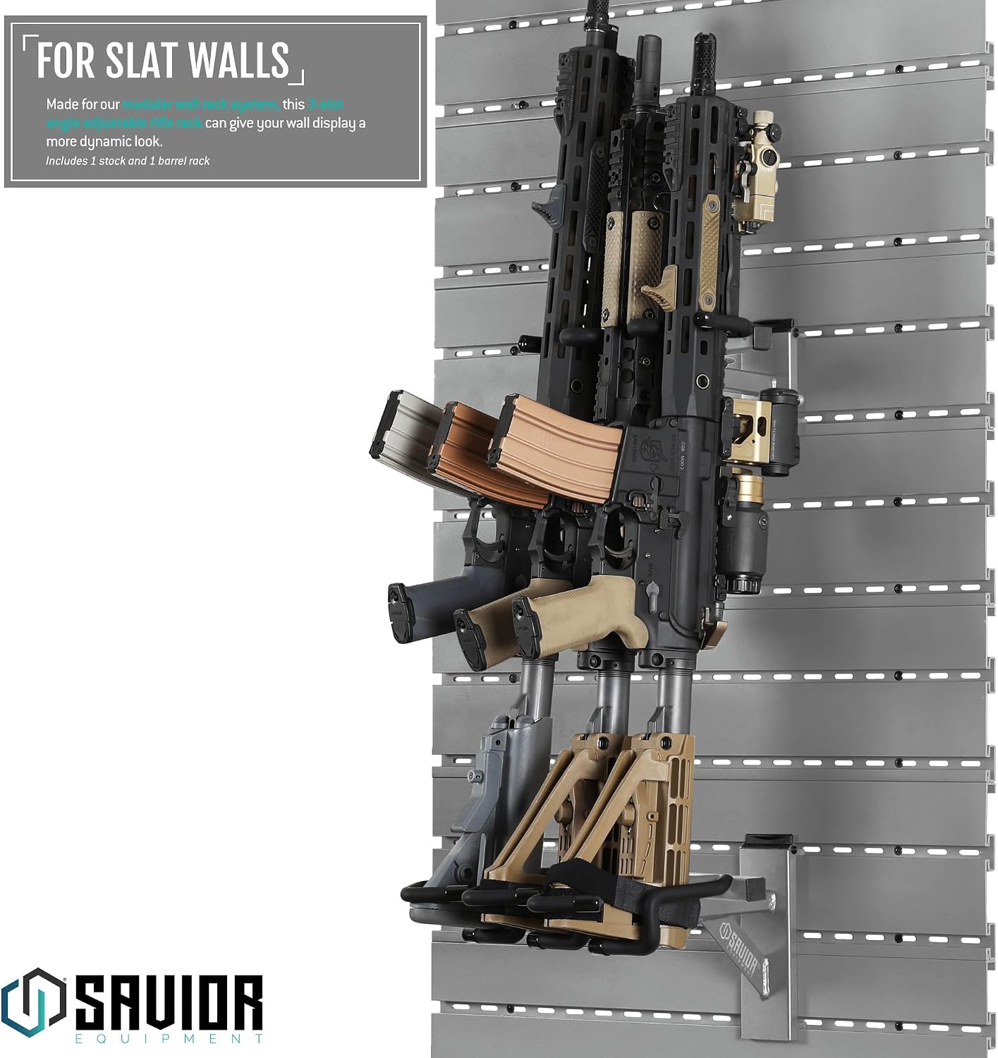 Savior Equipment Wall Rack System Tactical 3-Rifle Carbine Shotgun Handgun Storage Angle Adjustable Wall Mount Hanger, Heavy-Duty Steel Modular Firearms Gun Wall Gear Accessories Organizer