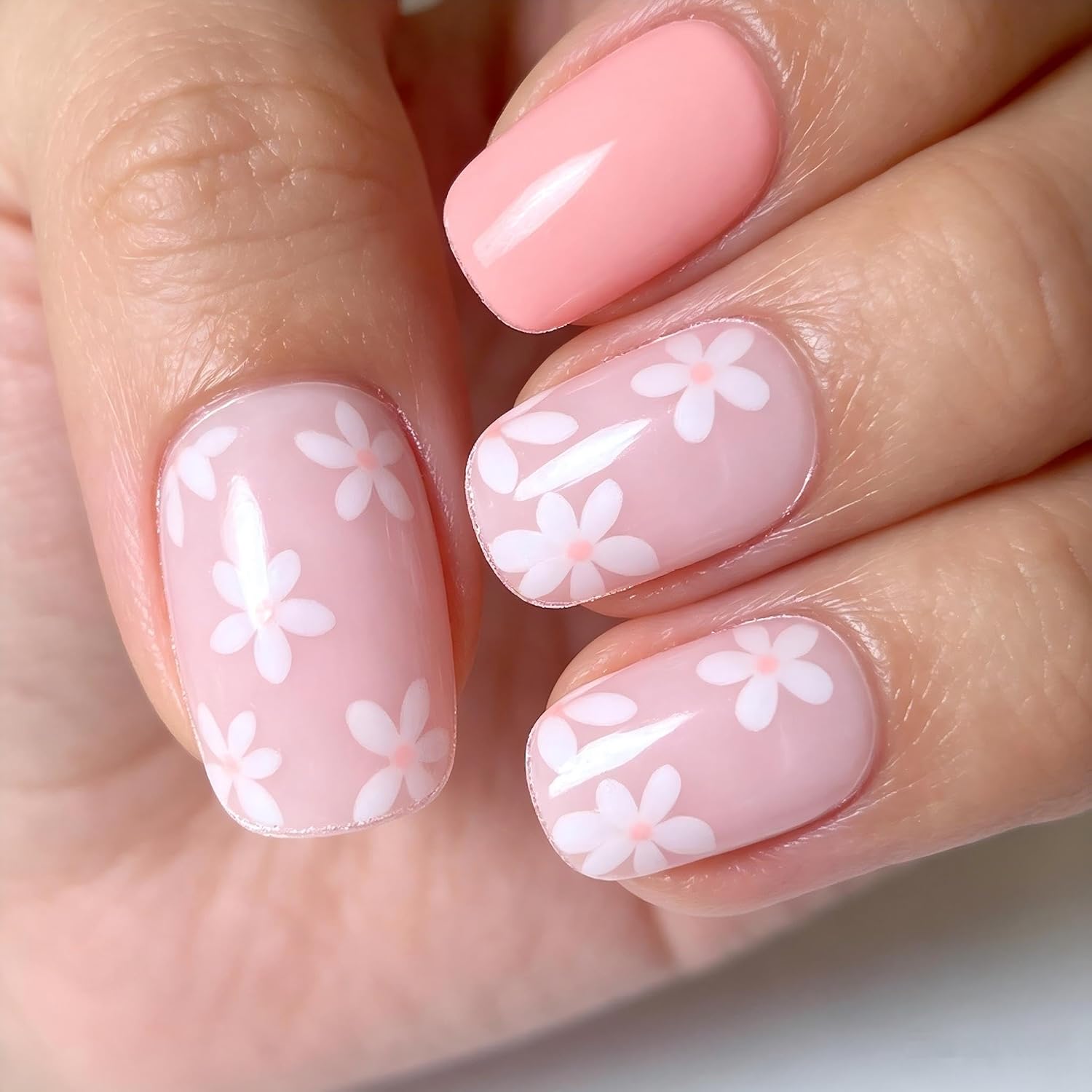 Pink Press on Nails,Short Square Floral Designs 24 Pcs | Easy to apply,reusable,12 Sizes - 24 Nails Kit, for Women perfect for daily wear,Work, life, party.