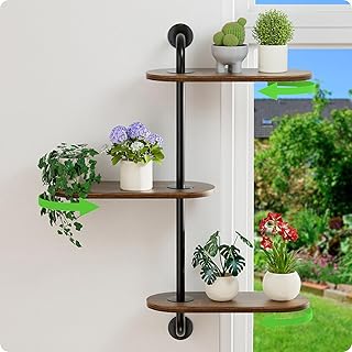 Rotating Window Plant Shelves 3-Tier, Wooden Window Shelf for Plants, Sill Space-Saving Corner Hanging Wall Stand for Multiple Plants, Indoor Home Decor, Carbonized