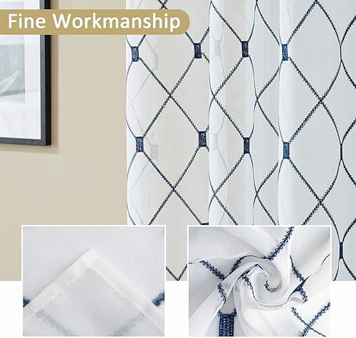Miniatura 4 de Top Finel - Cortinas de lino sintético translúcidas blancas con bordado de diamante y ojales, 2 paneles de cortina para habitación y sala