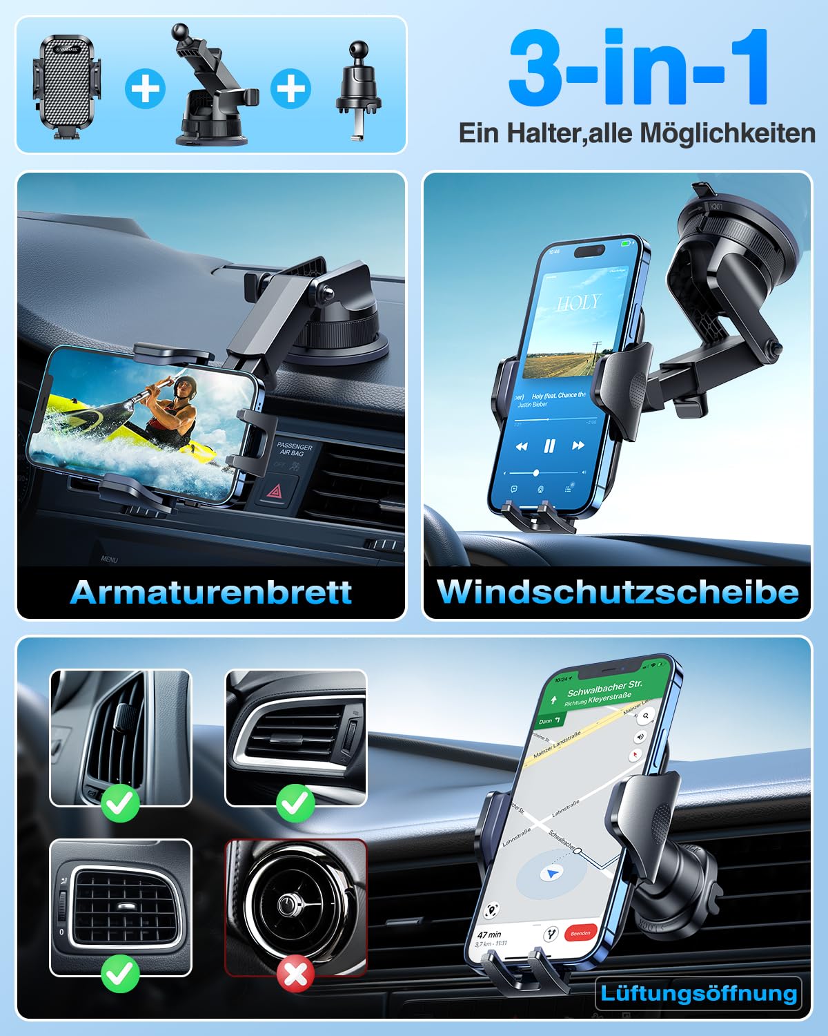 VANMASS 2026 Militärische Handyhalterung Auto Upgrade【Stärkste Saugnapf & Lüftungshaken 】4 in 1 Smartphone Auto Handyhalter 360°drehbar Autohalter auf Armaturenbrett Scheibe für iPhone Samsung,Schwarz