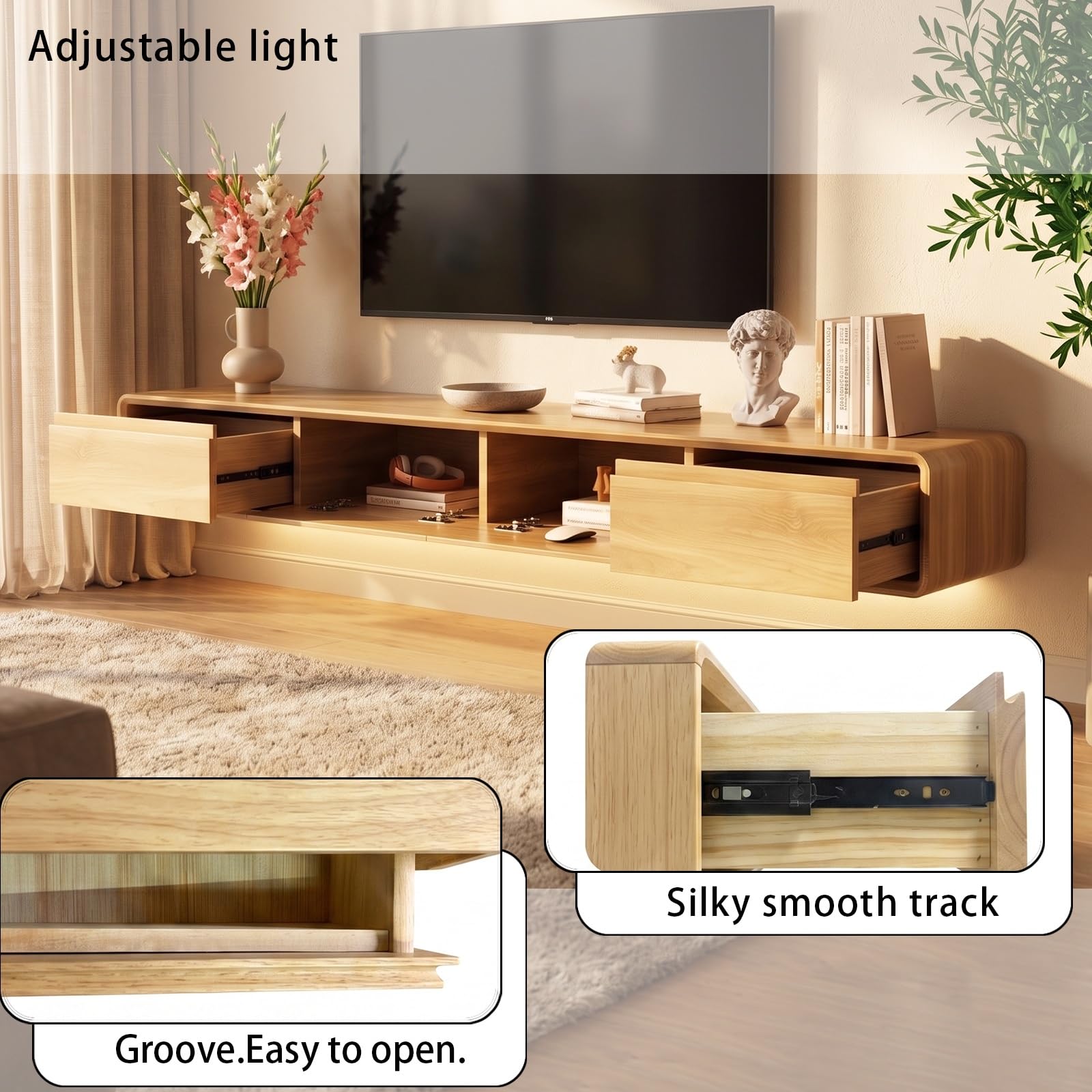 Mueble de TV de Madera Maciza,Mueble de TV Flotante, Mueble Bajo de Pared para TV, Adecuado para el Salón y el Dormitorio,Madera 220CM-LED