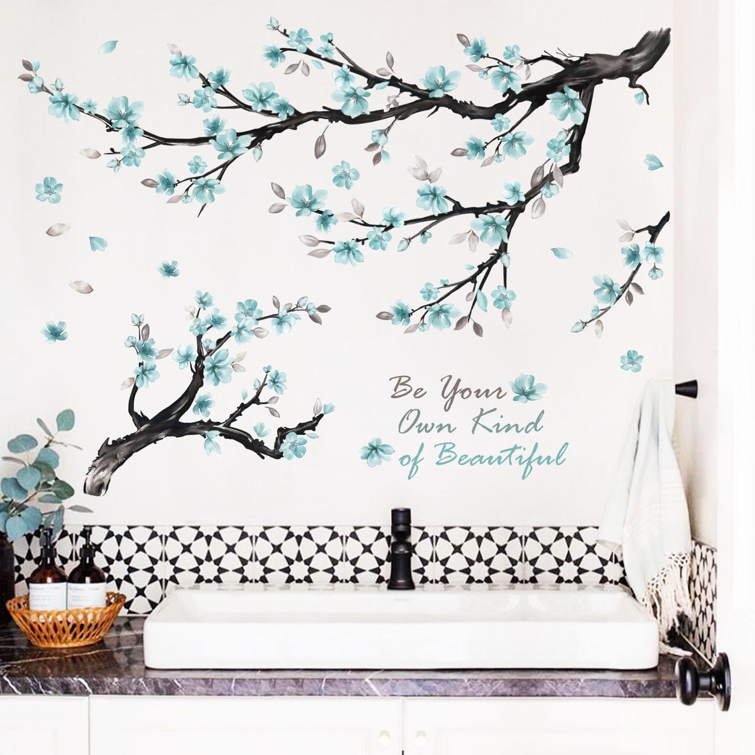 Blue Flowers Wall Stickers,Watercolor Flower Branch Wall Decals for Living Room Bedroom TV Background Office Bathroom