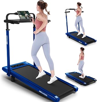 ANCHEER Walking Pad Treadmill with 12% Incline&Adjustable Height, 4 in 1 Under Desk Treadmills with Desk Workstation, Foldable Treadmill for Home 300lb,3 Type Control Blue