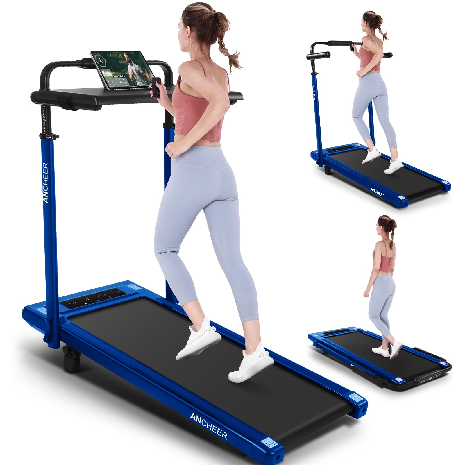 ANCHEER Walking Pad Treadmill with 12% Incline&amp;Adjustable Height, 4 in 1 Under Desk Treadmills with Desk Workstation, Foldable Treadmill for Home 300lb,3 Type Control (Blue)
