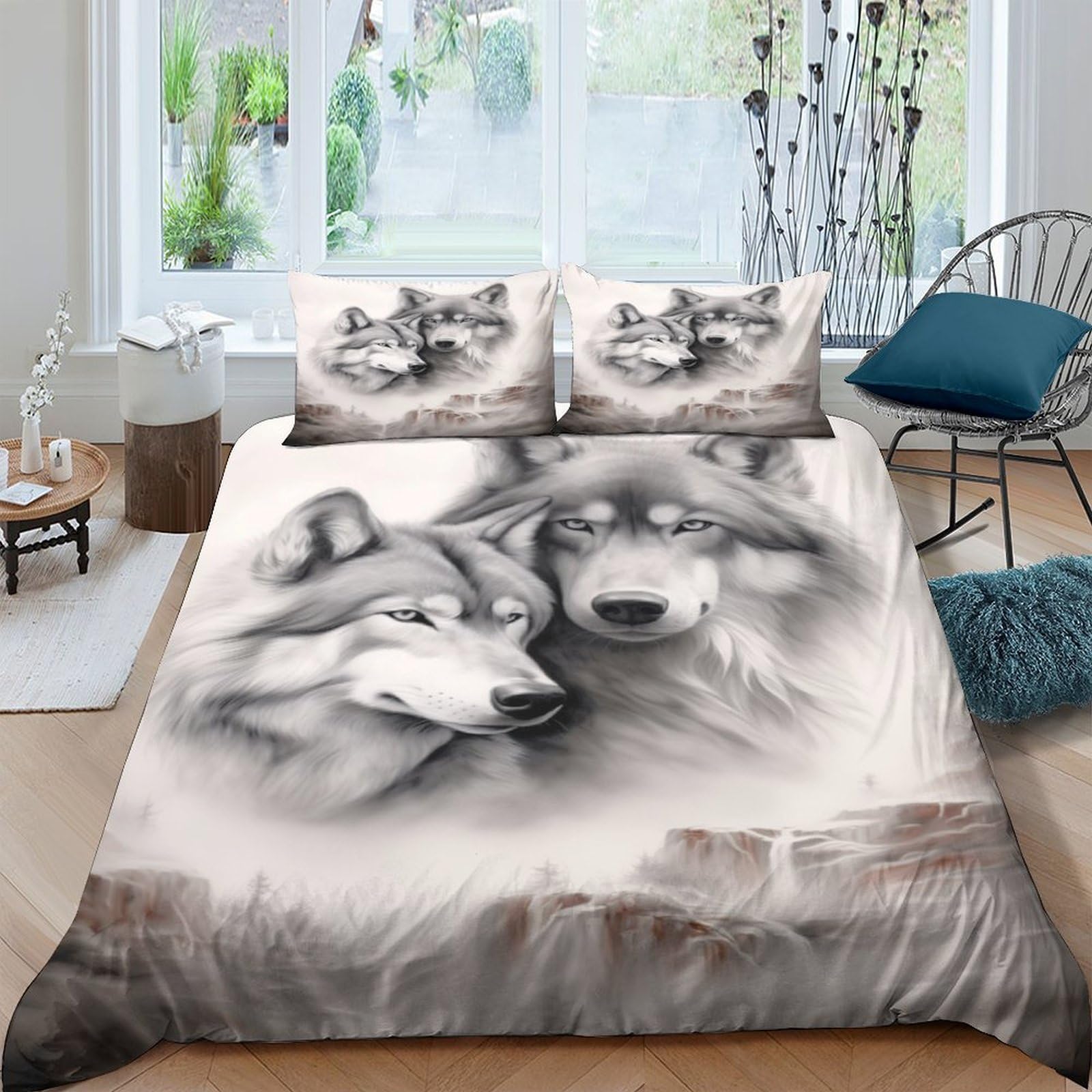 TUFRTGYHN 3D Printed Grey Wolf Duvet Cover Microfiber Breathable Forest Bedding Set with 2 Pillowcases for Bedroom Decor Single（135x200cm）