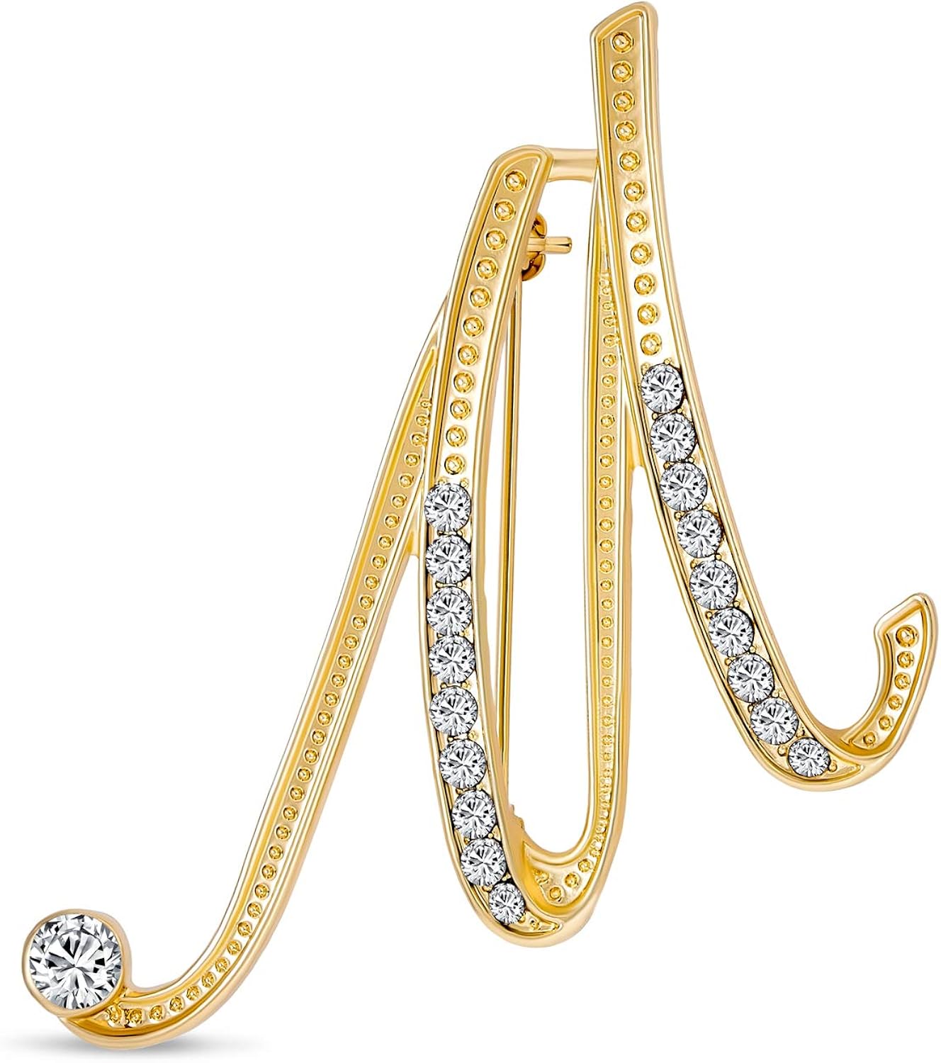 Large Statement ABC Pave Crystal Cursive Script Monogram Letters Alphabet Initial M Scarf Lapel Pin Brooch For Women Yellow Gold Plated