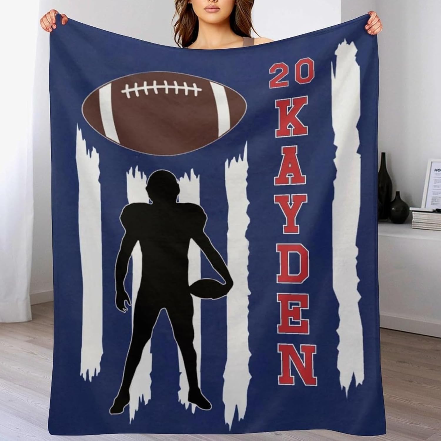 Personalized Football Blanket, Soft Fleece Throw Blankets, Custom Sport Football Gift for Dad, Husband, Boyfriend, Son Birthday Gifts