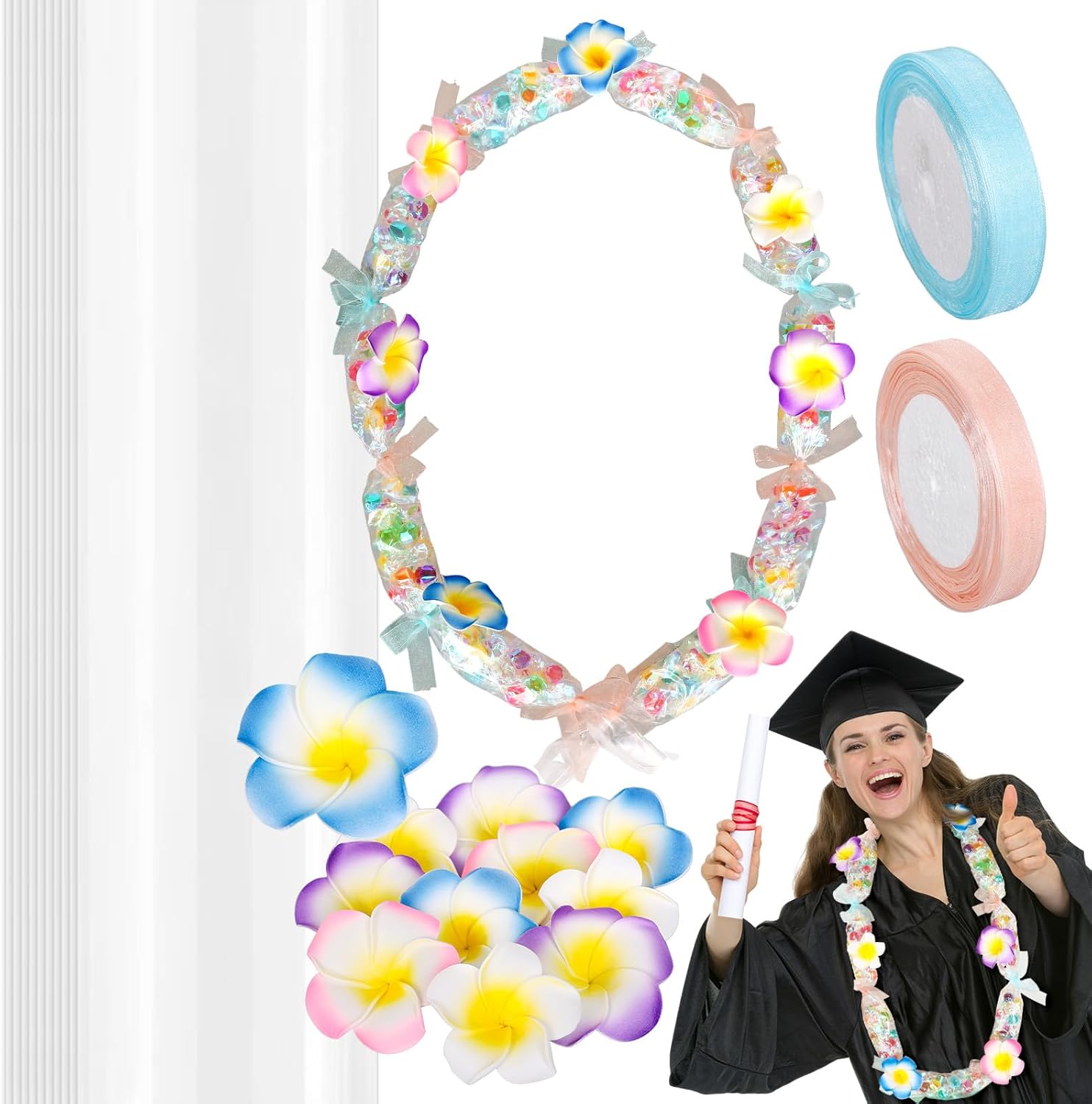 FYSUIMU 24 Sets Graduation Candy Lei Making Kit Graduation Hawaiian Candy Tubing Wreath Filler Includes Plastic Lei Flower Piece and Ribbon Congrats Grad Necklace for DIY Crafts Party Favor