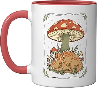 Mythical & Prehistoric Triceratops Sleeping Among Mushrooms Ceramic Mug, Red/White
