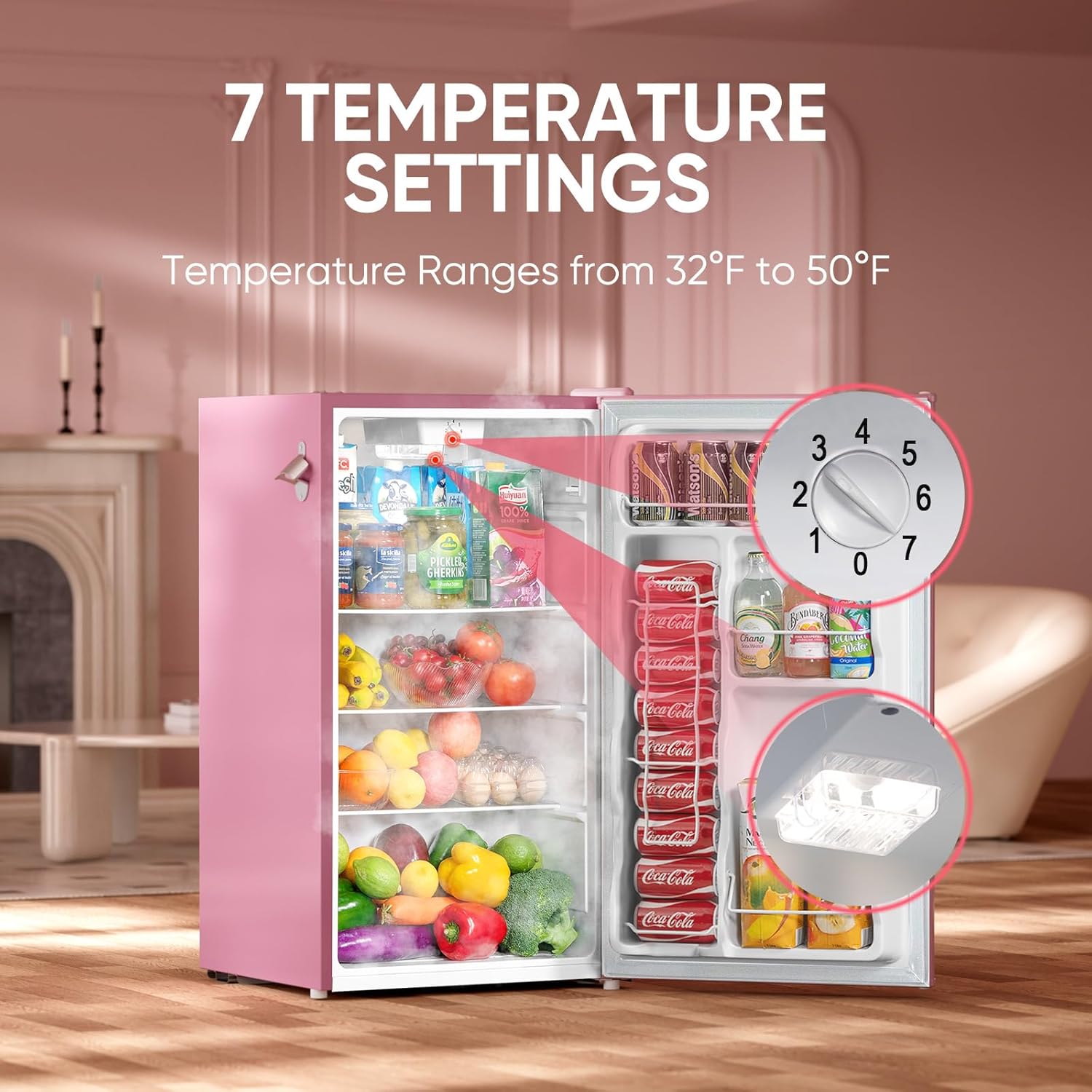 Upstreman 3.2 Cu.Ft Retro Mini Fridge with Bottle Opener, Energy Saving, Adjustable Thermostat, Metal Handle, LED Lamp, Mini Refrigerator for Bedroom, Office, Dorm-BR321 PRO (Pink)